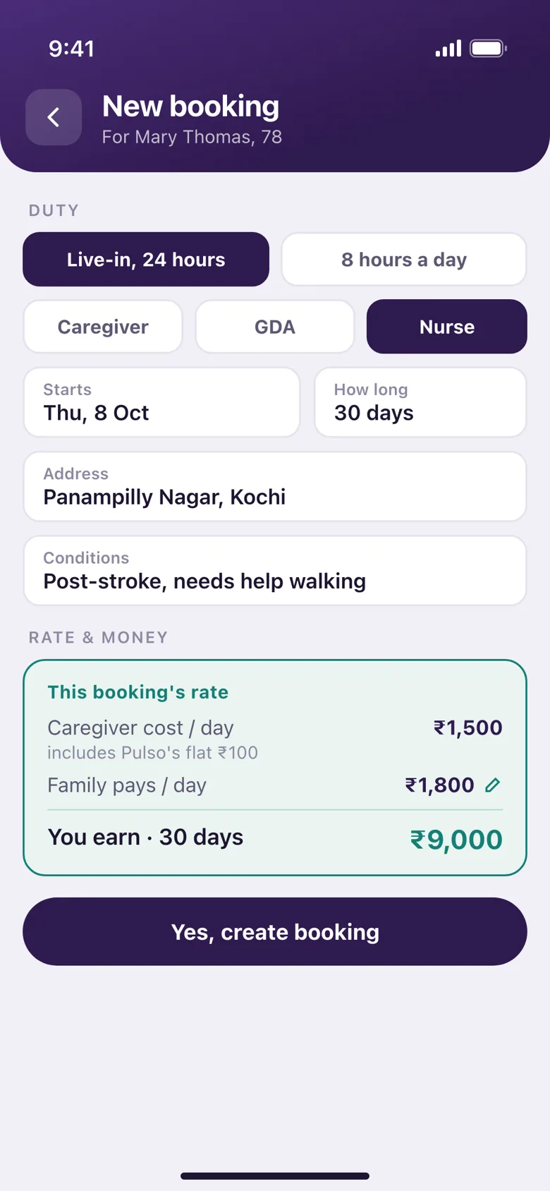 New booking screen: live-in nurse for 30 days, caregiver cost ₹1,500 a day, family pays ₹1,800, agency earns ₹9,000